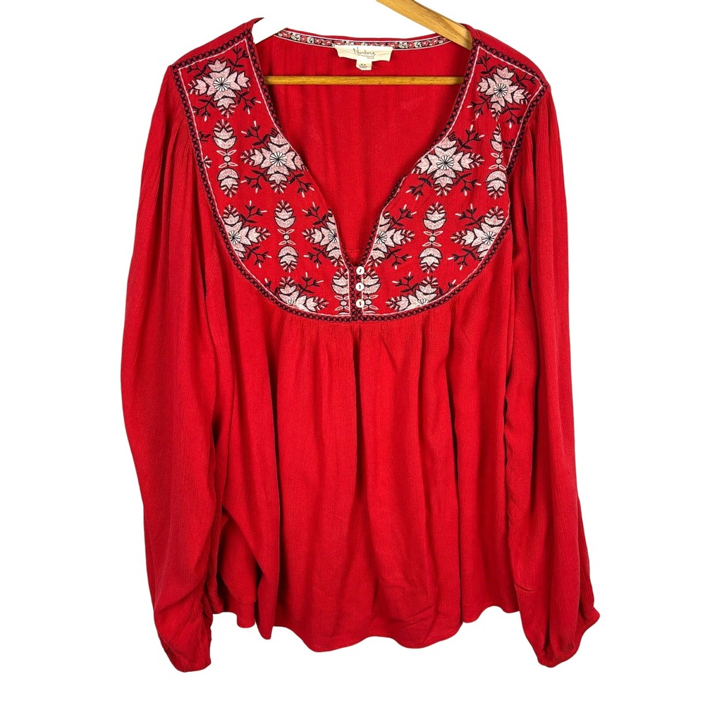 Nurture Westbound Woman Long Sleeve Embroidered Boho Peasant Blouse 2X Bohemian